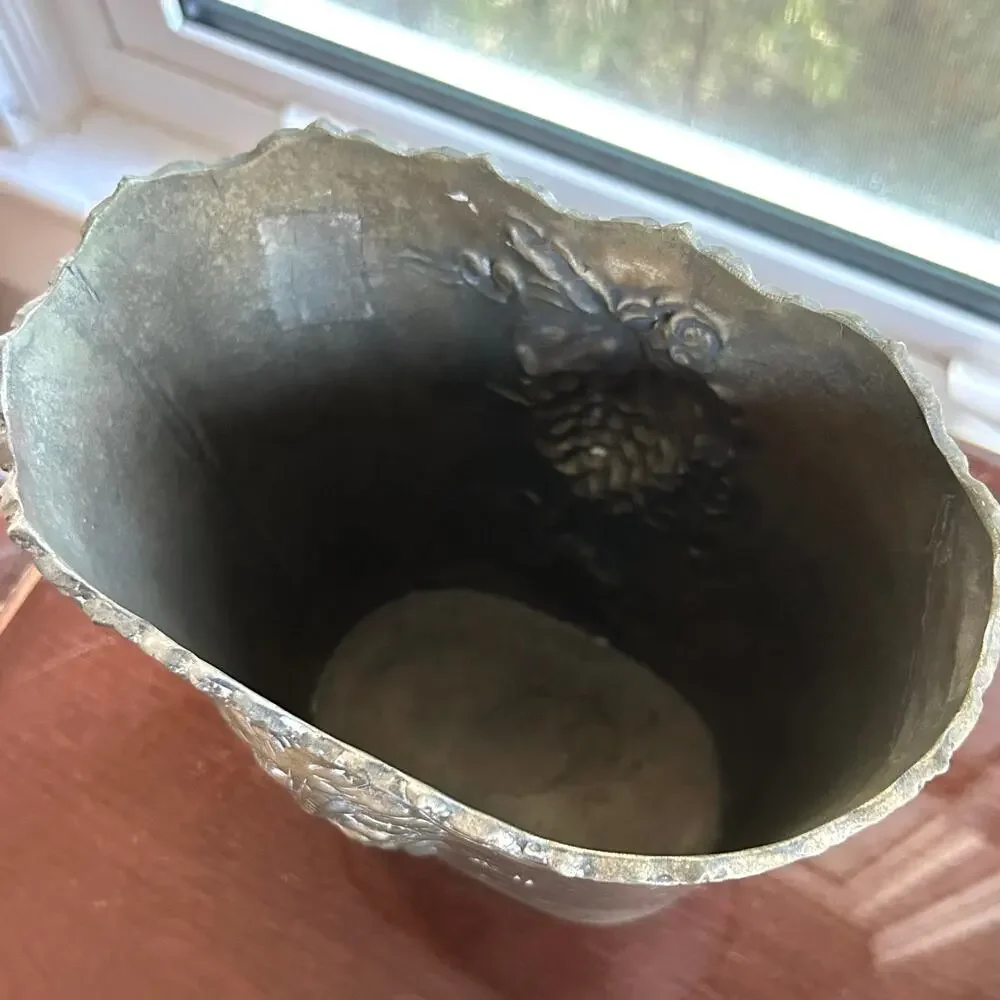 Vintage Bronze Tone Metal Raised Relief Floral Grapes Basket Bucket Flower Bin